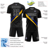 Custom Black White Royal-Yellow Diagonal Stripes Sports Sublimation Soccer Uniform Jersey