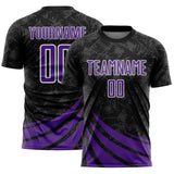 Custom Black Purple-White Distressed Diagonal Stripes Wind Shapes Sports Sublimation Soccer Uniform Jersey