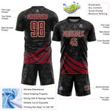 Custom Black Crimson-Cream Distressed Diagonal Stripes Wind Shapes Sports Sublimation Soccer Uniform Jersey