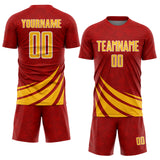 Custom Red Gold-White Distressed Diagonal Stripes Wind Shapes Sports Sublimation Soccer Uniform Jersey