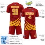 Custom Red Gold-White Distressed Diagonal Stripes Wind Shapes Sports Sublimation Soccer Uniform Jersey