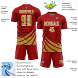 Custom Red Old Gold-White Distressed Diagonal Stripes Wind Shapes Sports Sublimation Soccer Uniform Jersey
