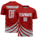 Custom Red Gray-White Distressed Diagonal Stripes Wind Shapes Sports Sublimation Soccer Uniform Jersey