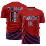 Custom Red Navy-White Distressed Diagonal Stripes Wind Shapes Sports Sublimation Soccer Uniform Jersey