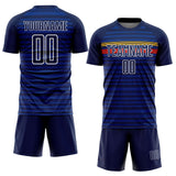 Custom Royal Navy Yellow-Red Colombia Horizontal Stripes Geometric Aztec Tribal Pattern Sublimation Soccer Uniform Jersey