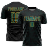 Custom Black Midnight Green-Old Gold Curve Lines Sublimation Soccer Uniform Jersey