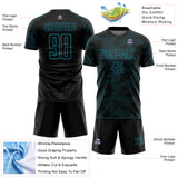 Custom Black-Teal Curve Lines Sublimation Soccer Uniform Jersey