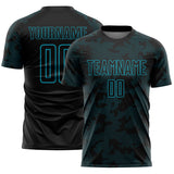 Custom Black-Teal Curve Lines Sublimation Soccer Uniform Jersey