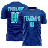 Custom Royal Lakes Blue-White Curve Lines Sublimation Soccer Uniform Jersey