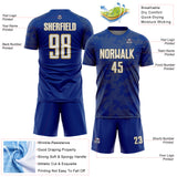 Custom Royal White-Old Gold Curve Lines Sublimation Soccer Uniform Jersey
