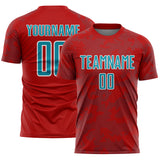 Custom Red Teal-White Curve Lines Sublimation Soccer Uniform Jersey