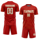Custom Red White-Old Gold Curve Lines Sublimation Soccer Uniform Jersey