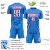Custom Powder Blue White-Pink Curve Lines Sublimation Soccer Uniform Jersey