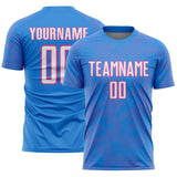 Custom Powder Blue White-Pink Curve Lines Sublimation Soccer Uniform Jersey