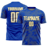 Custom Thunder Blue White-Yellow Curve Lines Sublimation Soccer Uniform Jersey
