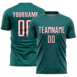 Custom Teal White-Crimson Curve Lines Sublimation Soccer Uniform Jersey