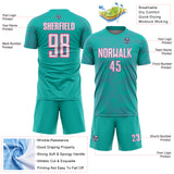 Custom Aqua White-Pink Curve Lines Sublimation Soccer Uniform Jersey