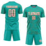 Custom Aqua White-Orange Curve Lines Sublimation Soccer Uniform Jersey