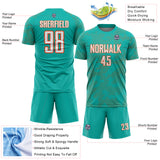 Custom Aqua White-Orange Curve Lines Sublimation Soccer Uniform Jersey