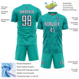 Custom Aqua White-Navy Curve Lines Sublimation Soccer Uniform Jersey