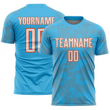 Custom Sky Blue White-Orange Curve Lines Sublimation Soccer Uniform Jersey
