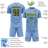 Custom Light Blue Green-Gold Curve Lines Sublimation Soccer Uniform Jersey