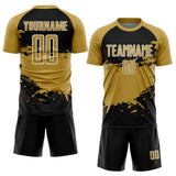Custom Old Gold Black-White Splash Color Block Sublimation Soccer Uniform Jersey