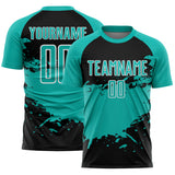 Custom Aqua Black-White Splash Color Block Sublimation Soccer Uniform Jersey