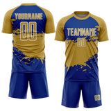 Custom Old Gold Royal-White Splash Color Block Sublimation Soccer Uniform Jersey