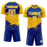 Custom Yellow Royal-White Splash Color Block Sublimation Soccer Uniform Jersey