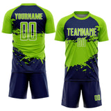 Custom Neon Green Navy-White Splash Color Block Sublimation Soccer Uniform Jersey
