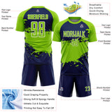 Custom Neon Green Navy-White Splash Color Block Sublimation Soccer Uniform Jersey
