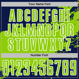 Custom Neon Green Navy-White Splash Color Block Sublimation Soccer Uniform Jersey