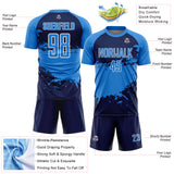 Custom Powder Blue Navy-White Splash Color Block Sublimation Soccer Uniform Jersey