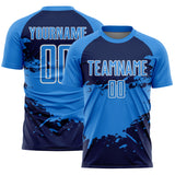 Custom Powder Blue Navy-White Splash Color Block Sublimation Soccer Uniform Jersey