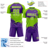 Custom Neon Green Purple-White Splash Color Block Sublimation Soccer Uniform Jersey