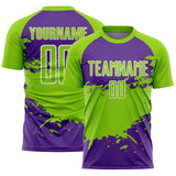 Custom Neon Green Purple-White Splash Color Block Sublimation Soccer Uniform Jersey