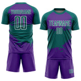 Custom Teal Purple-White Splash Color Block Sublimation Soccer Uniform Jersey