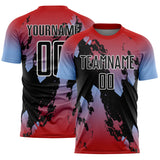 Custom Red Black Light Blue-White Gradient Splash Sublimation Soccer Uniform Jersey