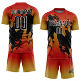 Custom Red Black Old Gold-White Gradient Splash Sublimation Soccer Uniform Jersey
