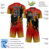 Custom Red Black Old Gold-White Gradient Splash Sublimation Soccer Uniform Jersey