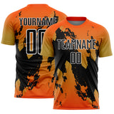 Custom Orange Black Old Gold-White Gradient Splash Sublimation Soccer Uniform Jersey
