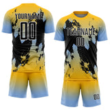 Custom Gold Black Light Blue-White Gradient Splash Sublimation Soccer Uniform Jersey