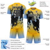 Custom Gold Black Light Blue-White Gradient Splash Sublimation Soccer Uniform Jersey