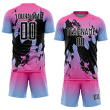 Custom Pink Black Light Blue-White Gradient Splash Sublimation Soccer Uniform Jersey