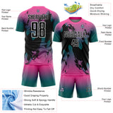 Custom Pink Black Teal-White Gradient Splash Sublimation Soccer Uniform Jersey