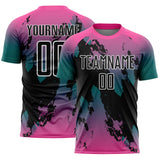 Custom Pink Black Teal-White Gradient Splash Sublimation Soccer Uniform Jersey