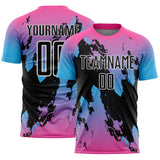 Custom Pink Black Sky Blue-White Gradient Splash Sublimation Soccer Uniform Jersey