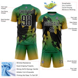Custom Kelly Green Black Old Gold-White Gradient Splash Sublimation Soccer Uniform Jersey