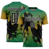 Custom Kelly Green Black Old Gold-White Gradient Splash Sublimation Soccer Uniform Jersey